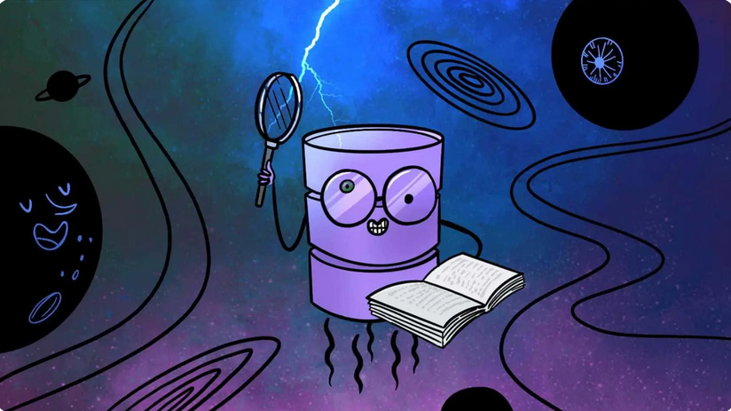 Ilustração de Annie Ruygt: um latão antropomorfizado, com uma lupa procurando algo em um livro, flutuando no universo