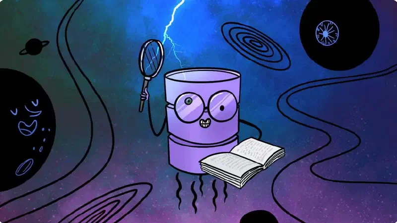 Ilustração de Annie Ruygt: um latão antropomorfizado, com uma lupa procurando algo em um livro, flutuando no universo