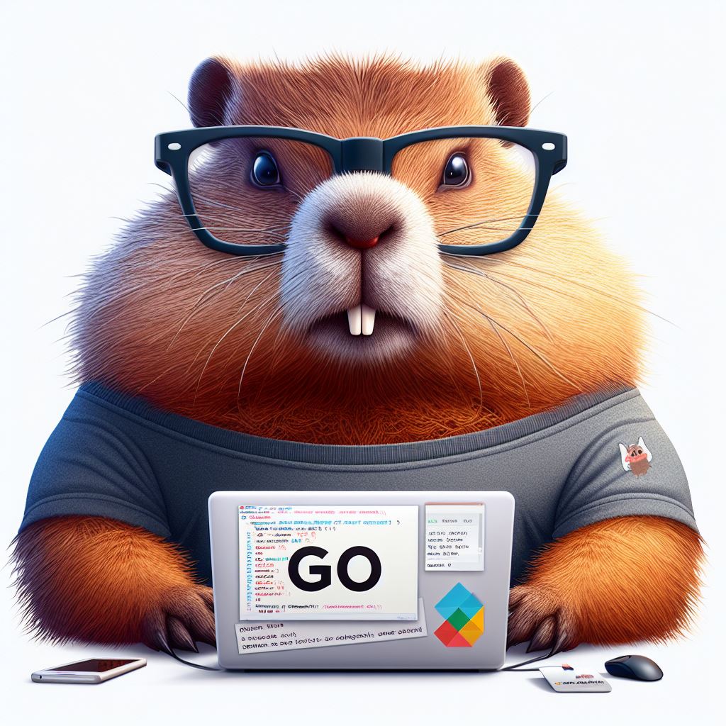 Imagem criada no Bing Image Creator com o prompt “imagem de marmota gorda de óculos programadora com camiseta da linguagem go”